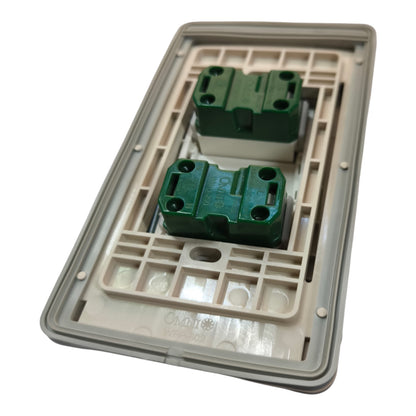 A replacement electrical switch plate cover with two green terminal blocks, shown on a clean white background.