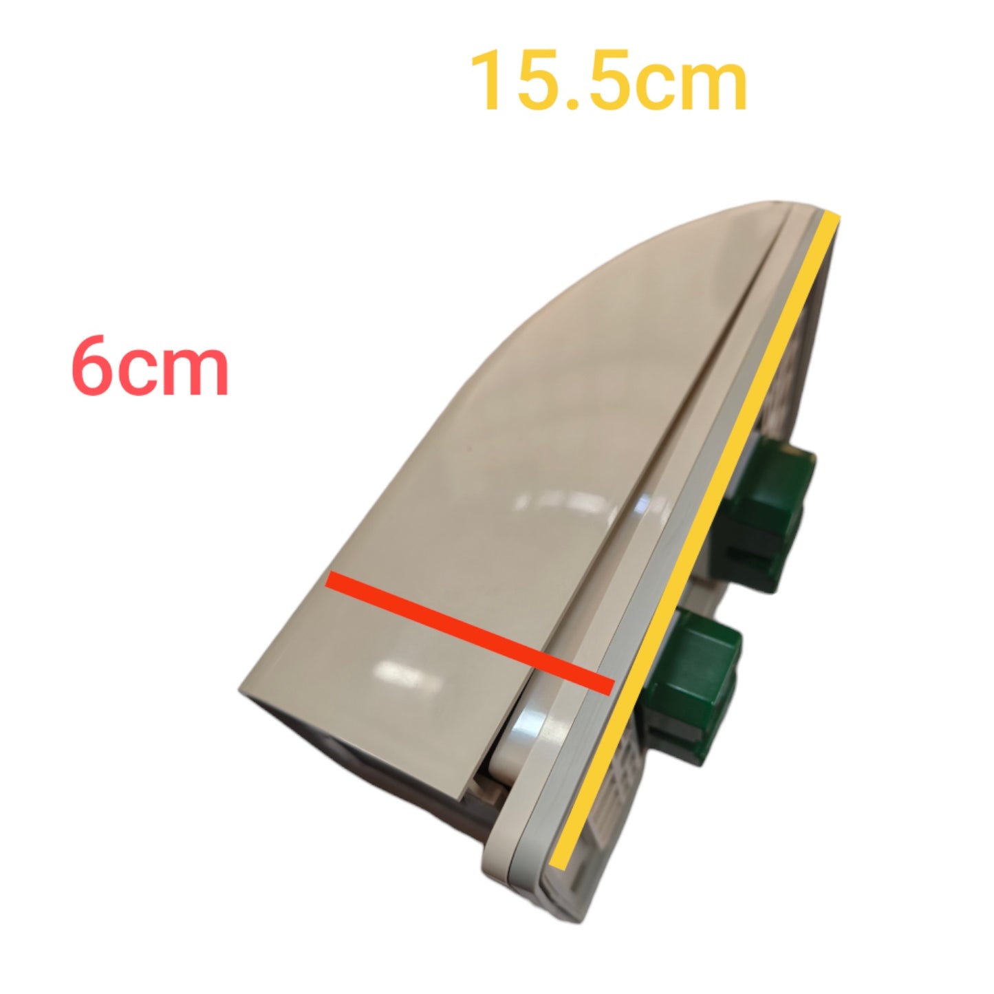 A small rectangular electronic component or switch module shown on a plain white background, with overlaid dimension labels reading 15.5cm, 6cm, and a red measurement line on the product.