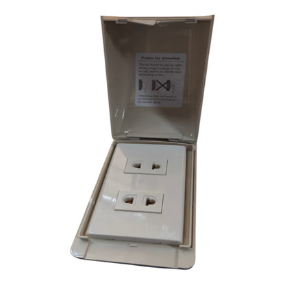 A double outlet outdoor weatherproof junction box with a beige plastic cover, shown open against a white background.