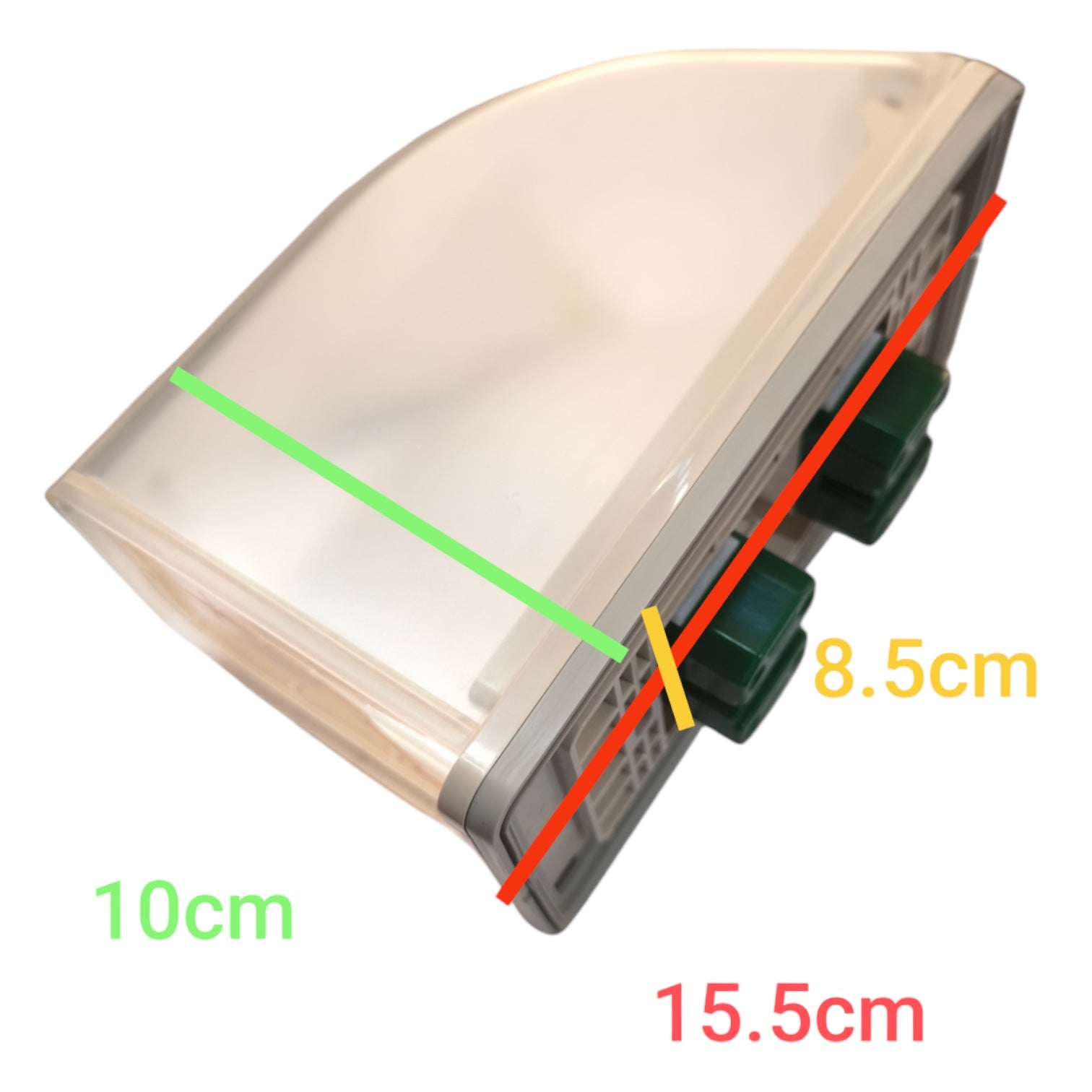 A translucent white plastic light fixture or cover shown on a white background with overlaid dimension lines and labels: 10cm green, 8.5cm yellow, and 15.