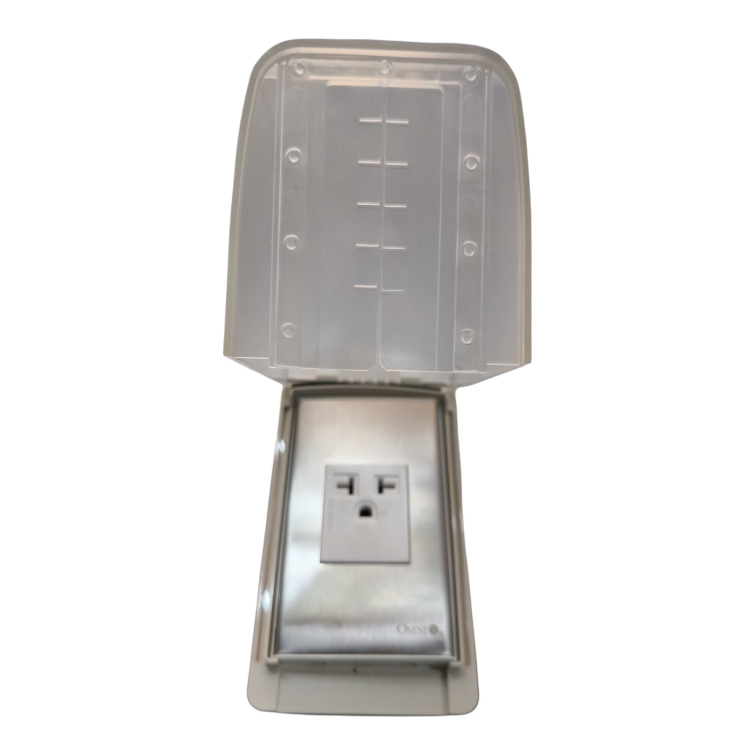 A stainless steel outdoor electrical outlet covered by a clear, molded plastic rain guard and weatherproof cap, shown against a plain white background.