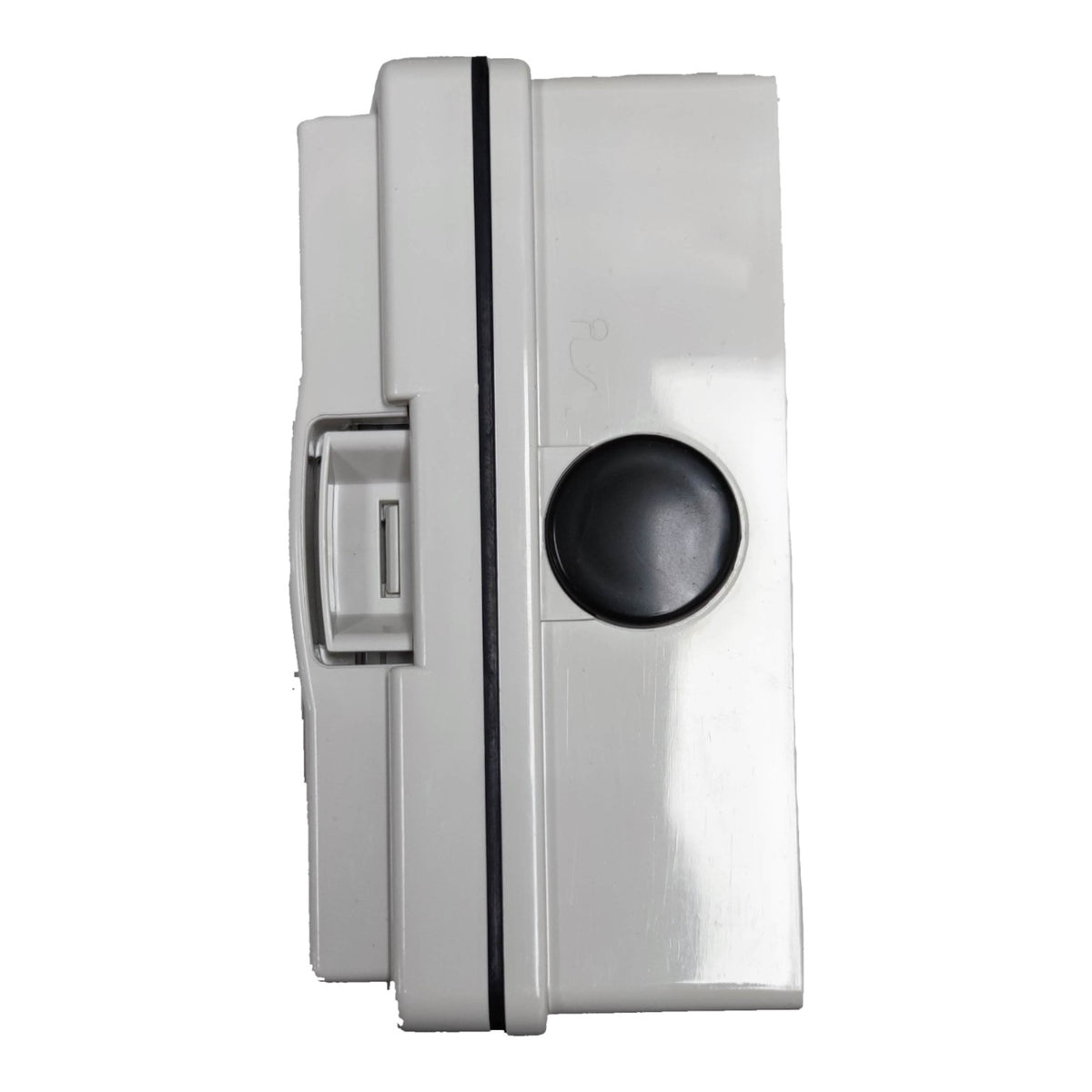 A white plastic electrical junction box with a black circular grommet and a black vertical seal line, shown on a plain white background.