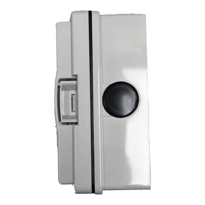 A white plastic electrical junction box with a black circular grommet and a black vertical seal line, shown on a plain white background.