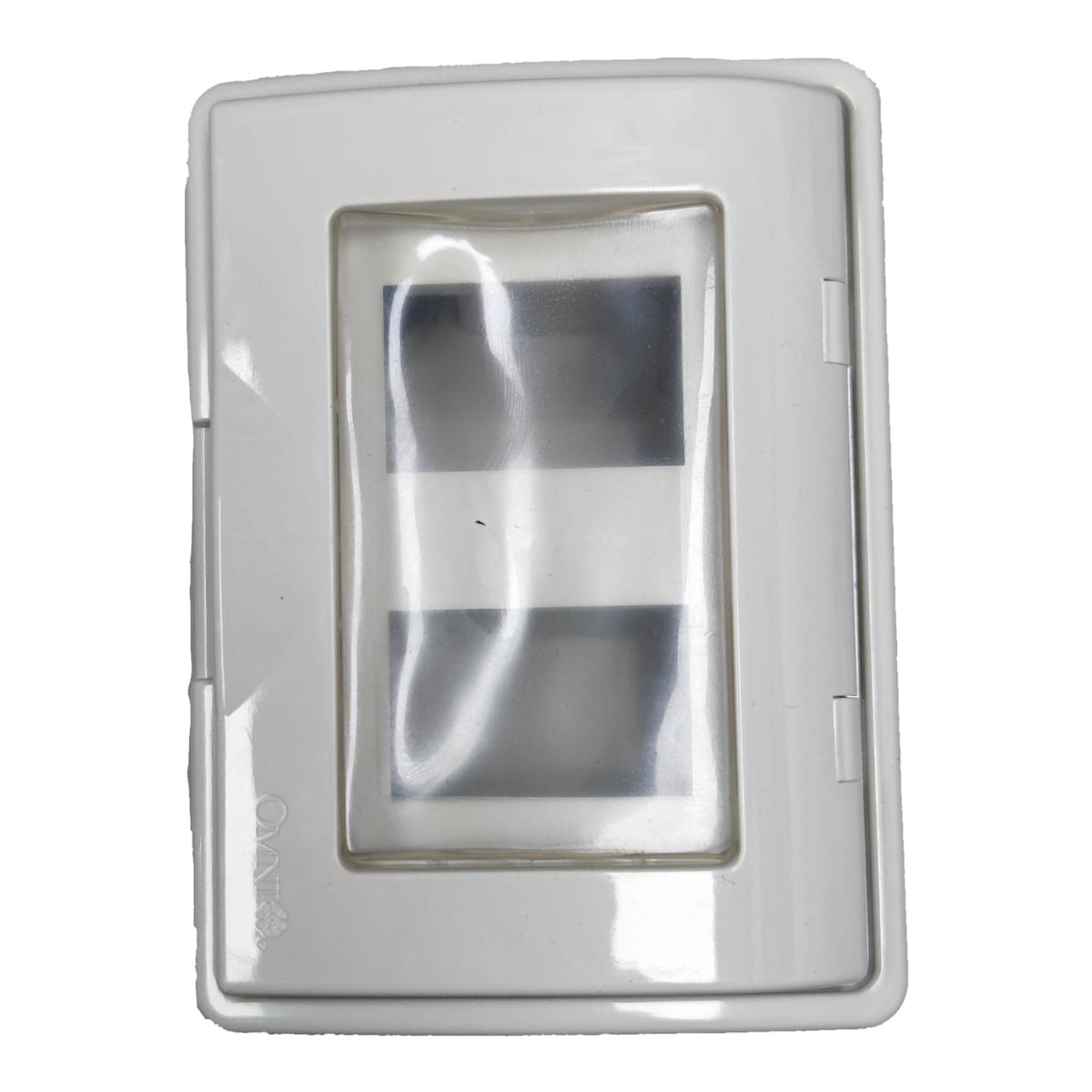 A white plastic rectangular case with a clear plastic window showing two dark gray rectangular inserts, isolated on a white background.