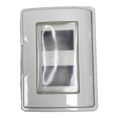 A white plastic rectangular case with a clear plastic window showing two dark gray rectangular inserts, isolated on a white background.