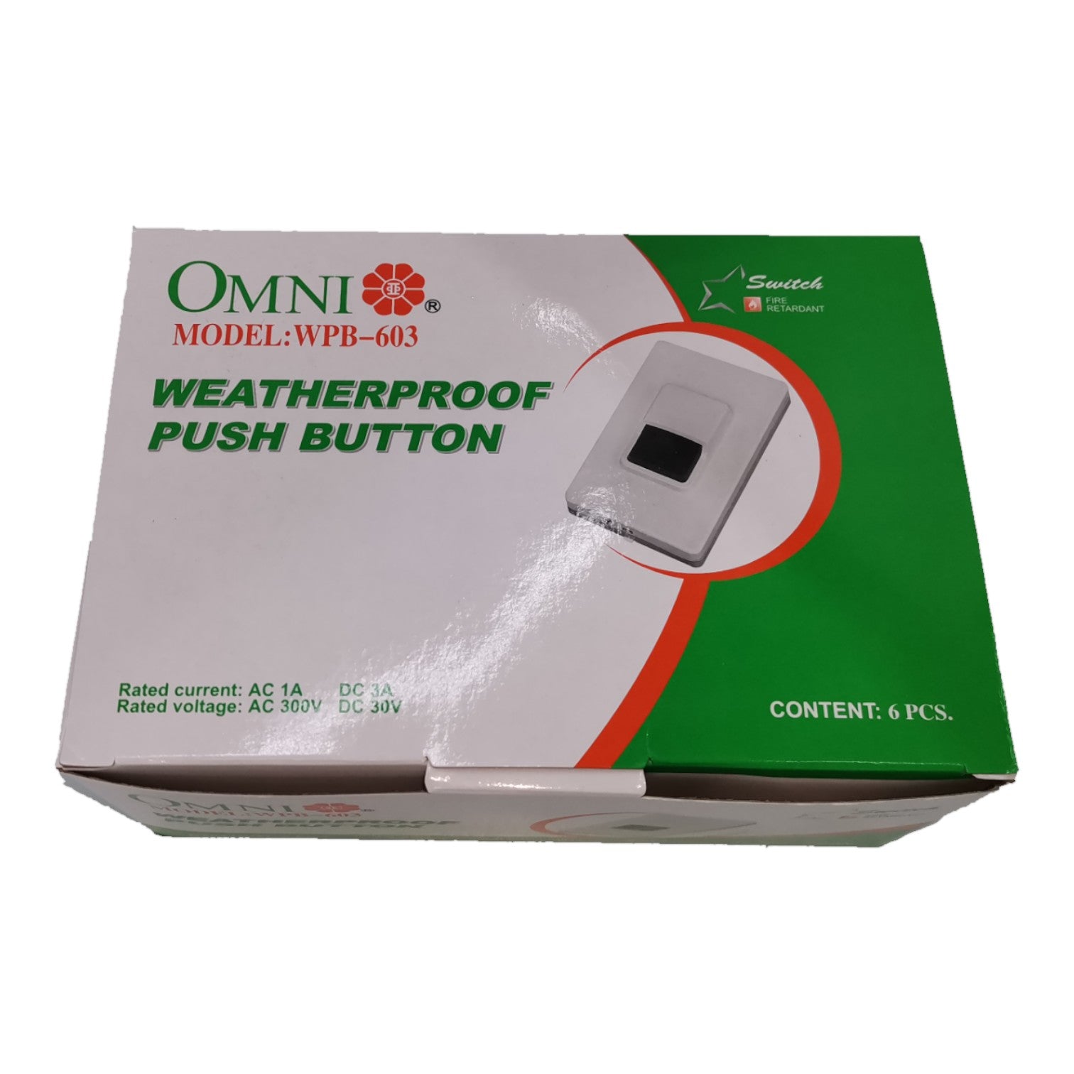 OMNI Weatherproof Push Button Model WPB-603 retail packaging box, featuring a white and green design with a graphic of the push button device.
