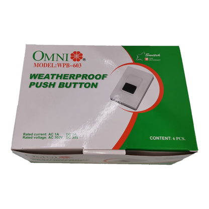 OMNI Weatherproof Push Button Model WPB-603 retail packaging box, featuring a white and green design with a graphic of the push button device.