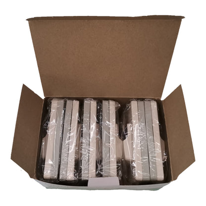 An open brown cardboard box containing multiple rectangular items wrapped in clear plastic, photographed against a plain white background.