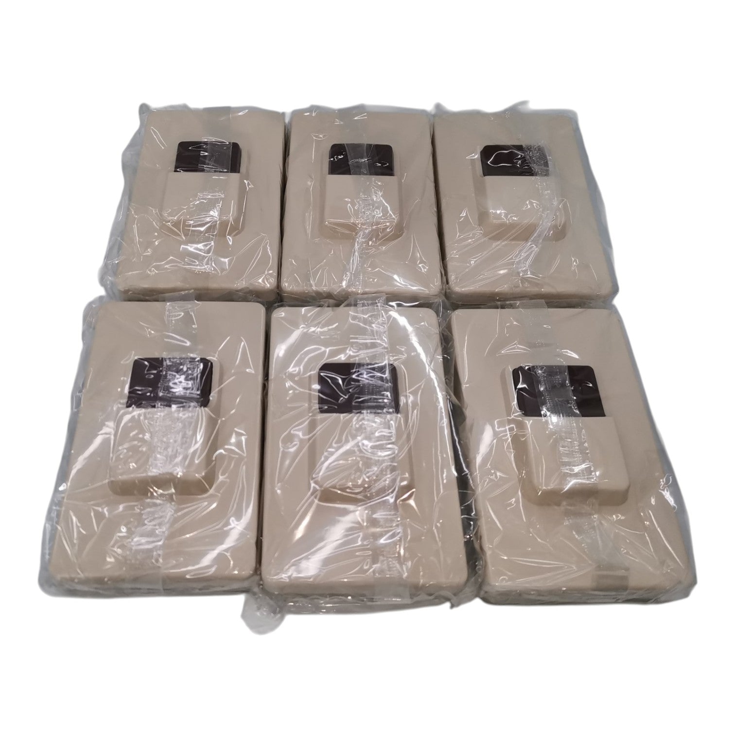 Six beige rectangular plastic bags with small black square labels, arranged in two rows of three on a plain white background.