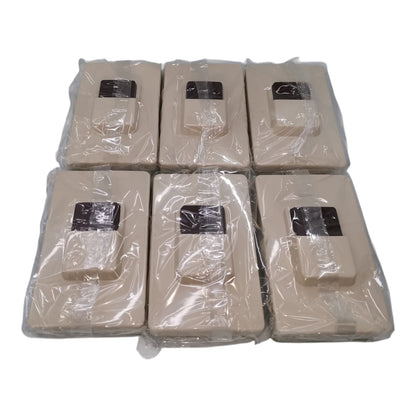 Six beige rectangular plastic bags with small black square labels, arranged in two rows of three on a plain white background.