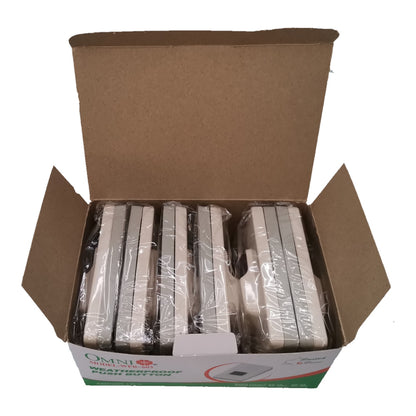 An open cardboard box containing multiple packaged wall-mounted light fixtures wrapped in clear plastic, with the front of the box showing the brand name Omni and the text 'Weatherproof Wall-Mounted Light'.