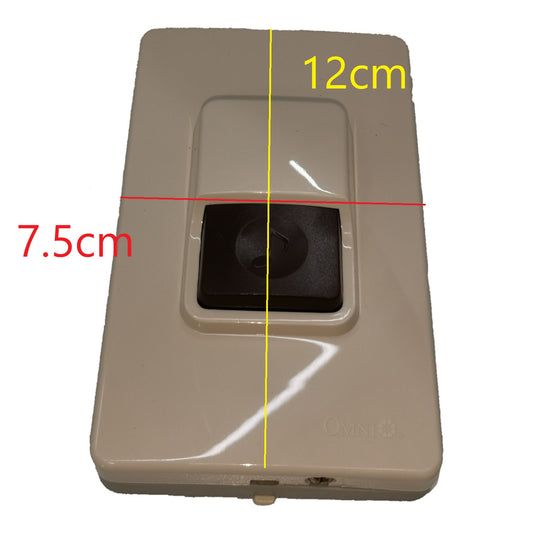 A beige rectangular wall-mounted device with a central dark square opening, overlaid with red, yellow, and black dimension lines and text showing 12cm height and 7.5cm width on a white background.