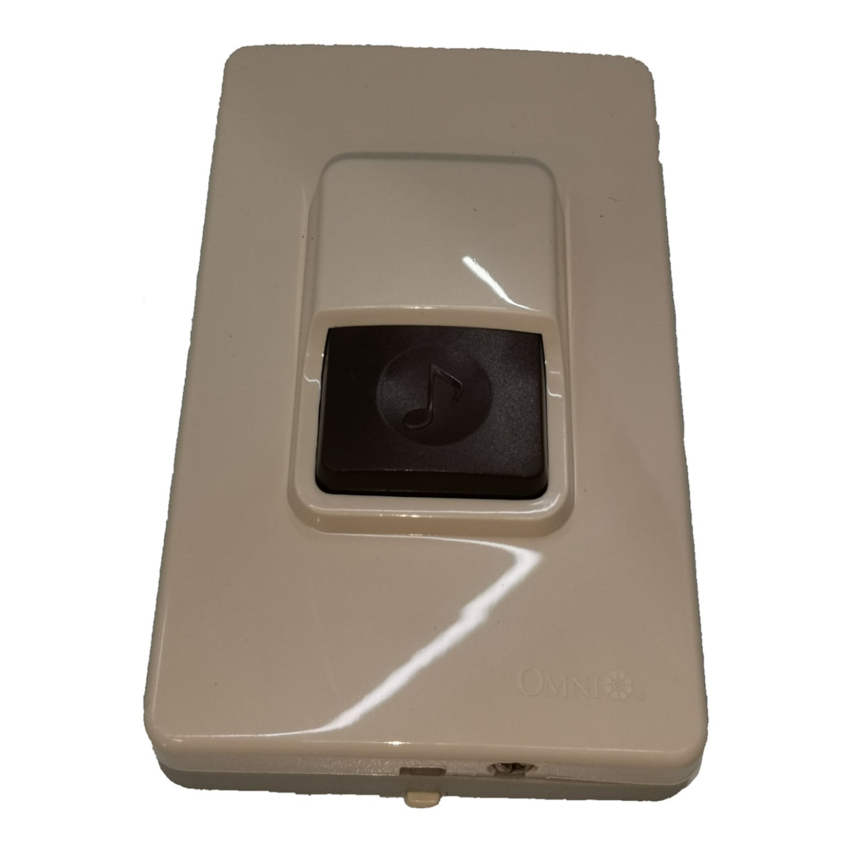 A beige wall-mounted audio receiver or speaker module with a central black square containing a music note symbol, shown on a plain white background.
