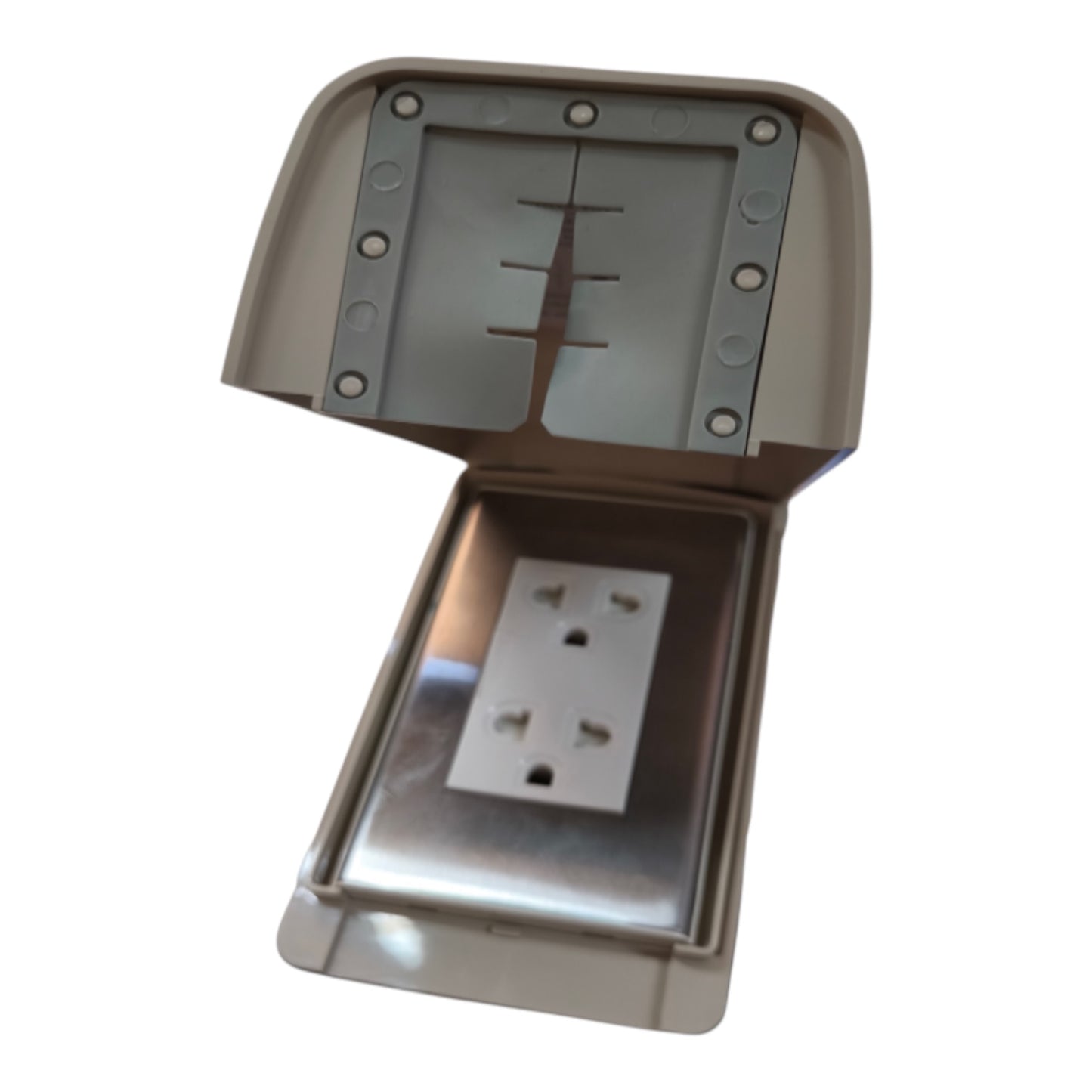 A waterproof outdoor electrical outlet cover with its lid open, showing a white four-pin socket inside a metallic silver tray and beige outer housing.