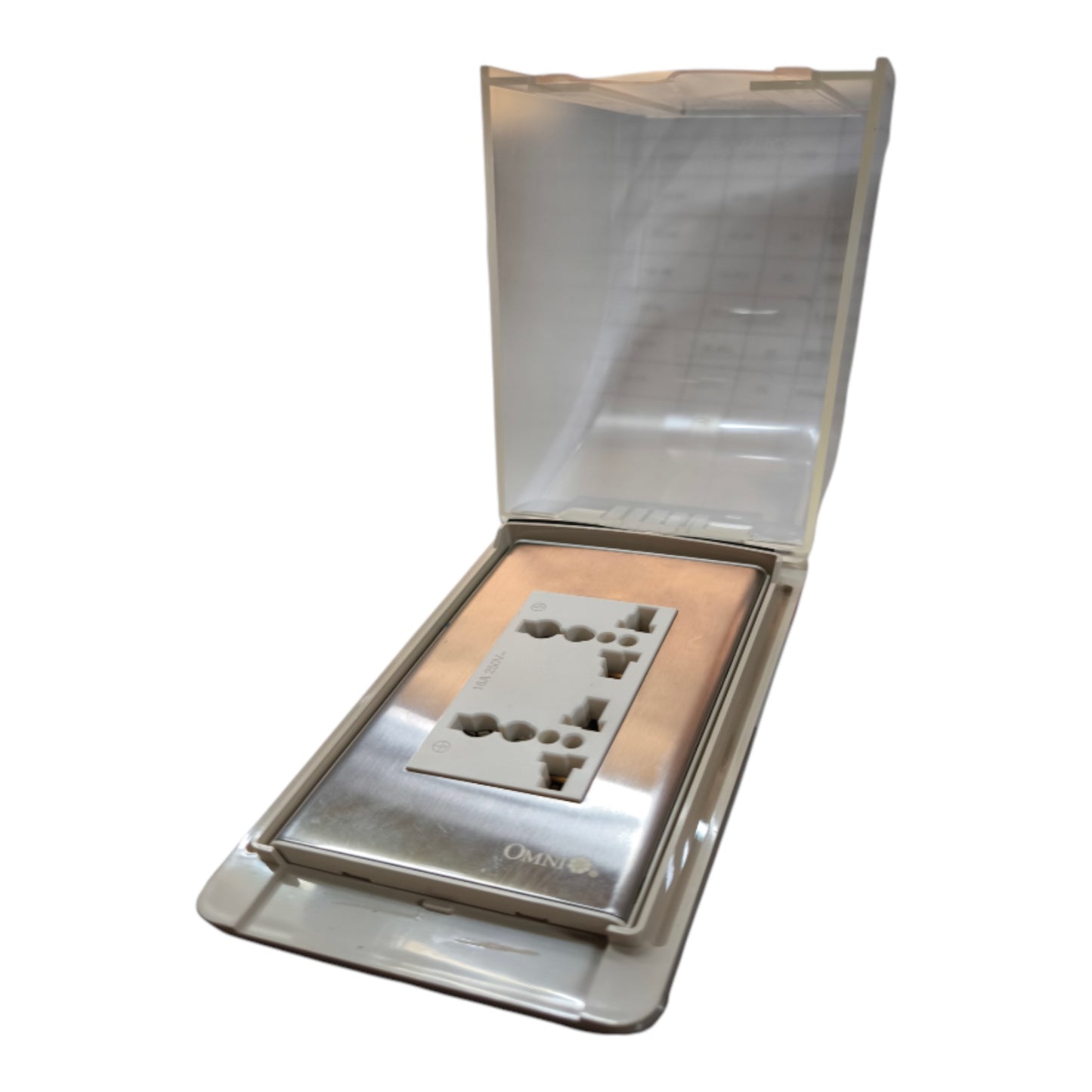 A white multi-socket electrical outlet cover plate with a clear protective plastic cover, shown open against a white background.