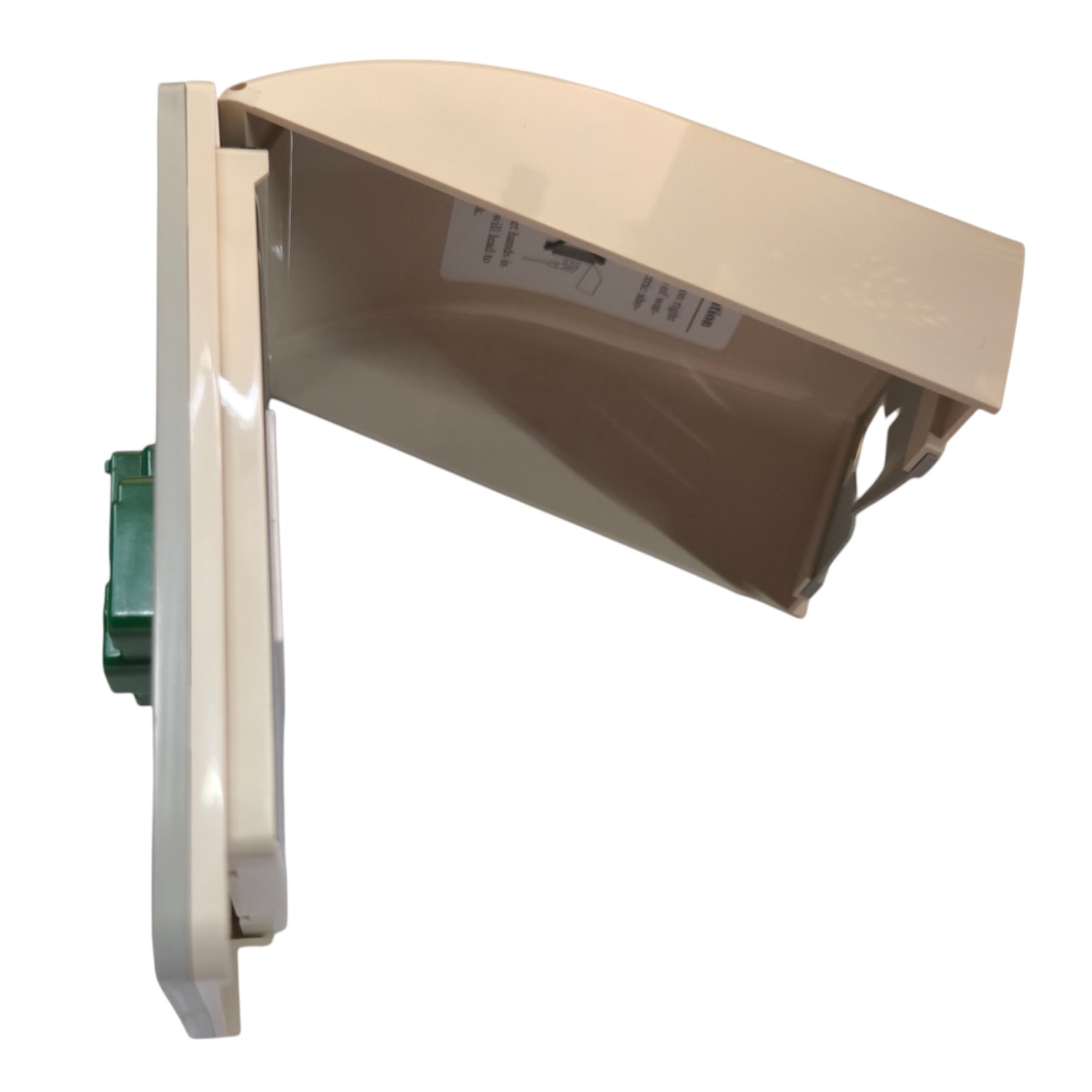 A replacement plastic drawer front panel with a beige upper section and a white lower section, featuring a green electrical connector on the side.