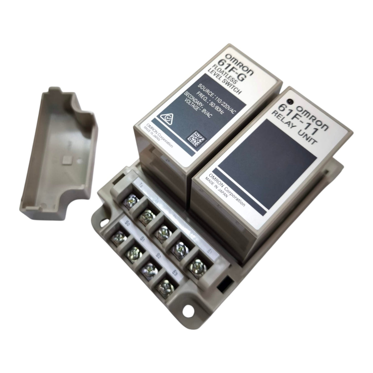 An Omron 61TC1 relay module with its terminal base and separate plastic cover cap shown on a plain white background.