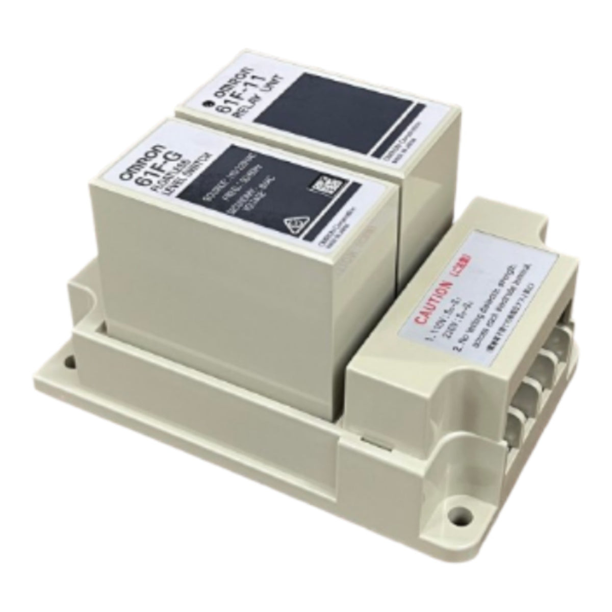 An Omron 67FG AC/DC solid-state relay module, featuring two main relay units and a control terminal block, shown on a plain white background.