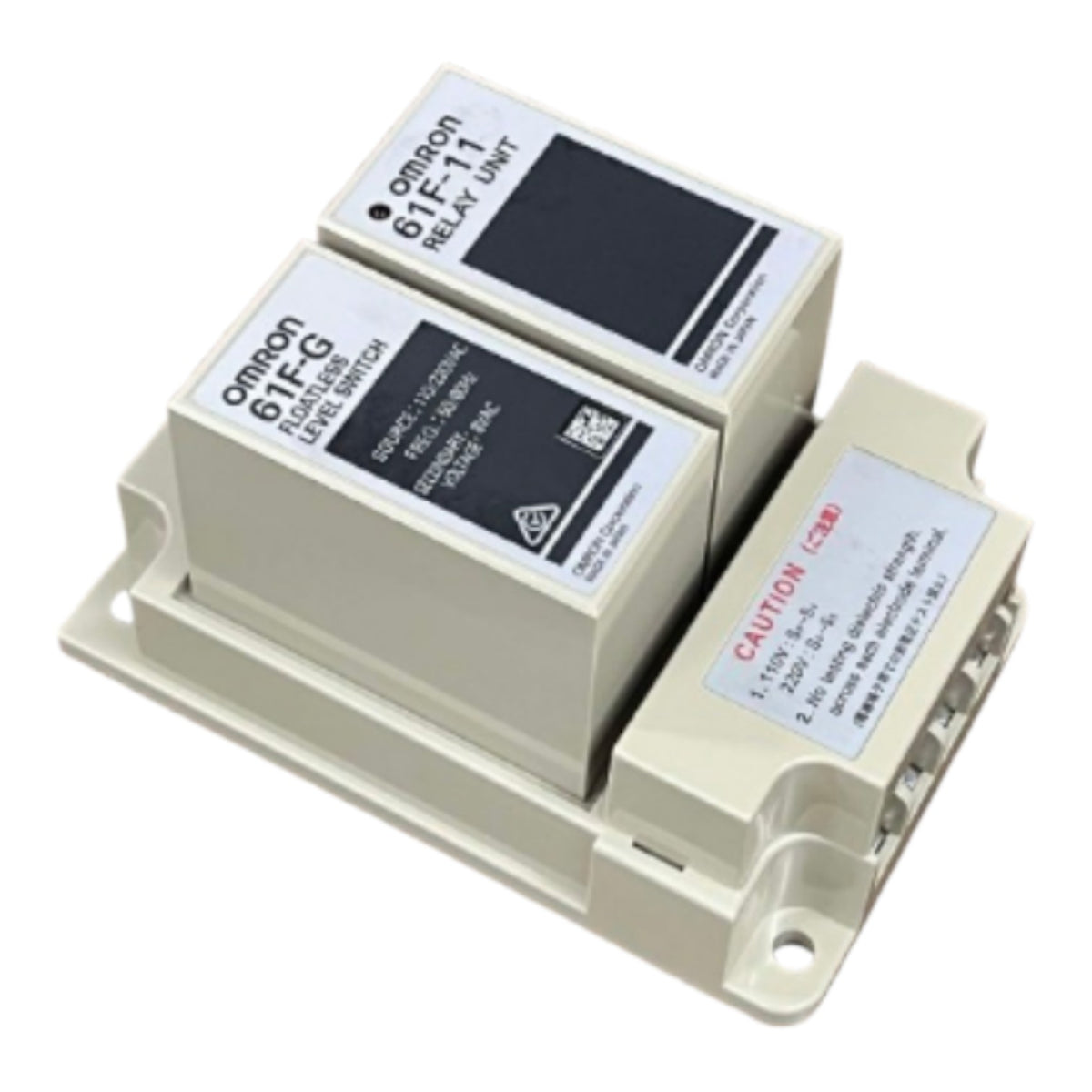 An Omron 6F-11 relay module kit with two relays and a connector block, shown on a plain white background.