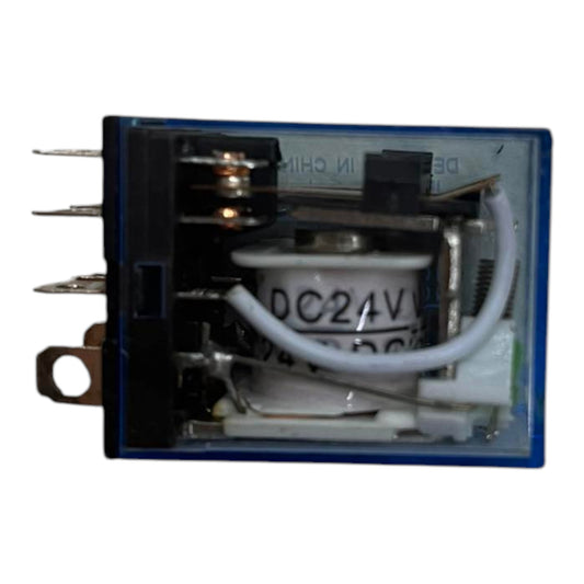 A small electronic relay component with a blue plastic housing, black internal parts, a white coil, and metal terminals on the left side, shown against a plain white background.