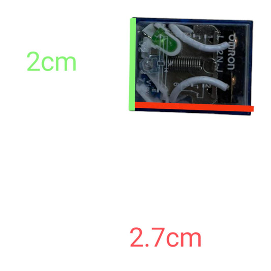 A small Omron relay component shown on a white background with green and red dimension labels reading 2cm and 2.7cm.