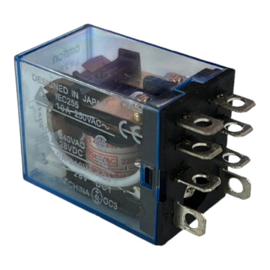 A miniature electrical relay with a transparent blue plastic casing, black internal components, and five metal terminal posts on the side, shown against a plain white background.