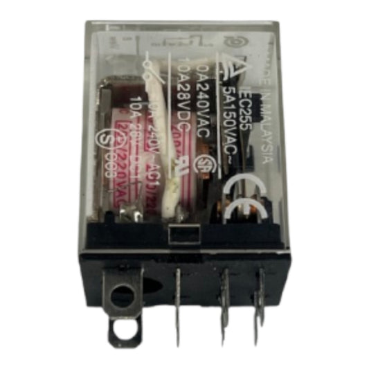 A small electrical relay component with a clear plastic casing, black base, and multiple metal terminals, photographed on a plain white background.