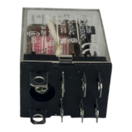 A black electrical relay component with a clear plastic top cover showing internal components, photographed on a plain white background.