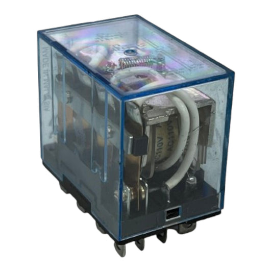 A transparent blue plastic electrical relay with internal metal contacts, springs, and white wires, shown on a plain white background.