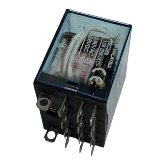 A black electrical relay with a transparent top cover showing internal components, including white and black wires, on a plain white background.