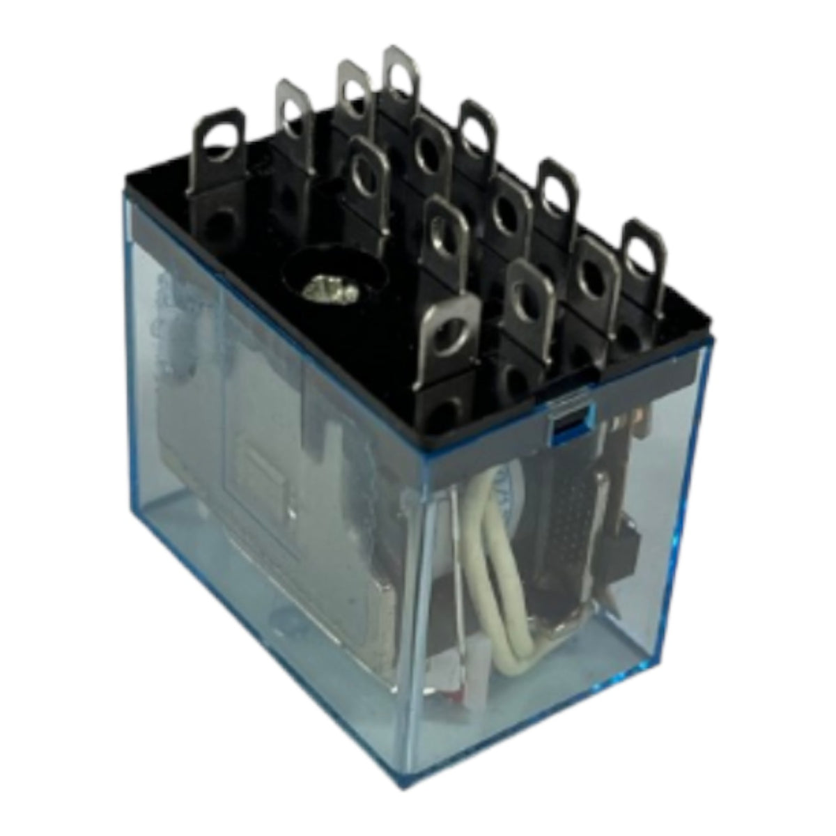 A square electrical relay with a transparent blue plastic housing, black top terminal plate, and multiple metal screw terminals, shown on a plain white background.