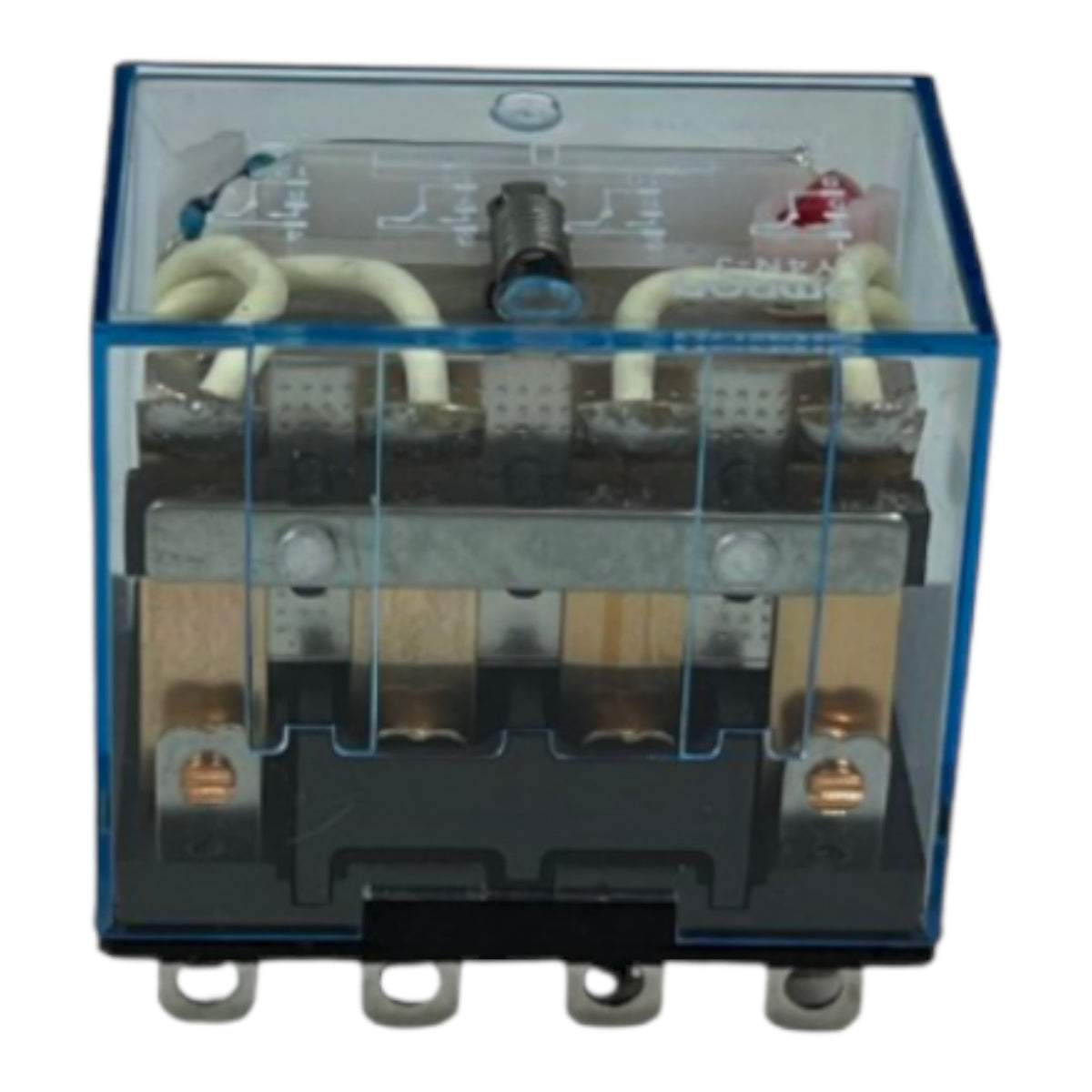 A square electrical contact relay with a transparent blue plastic casing, showing internal metal contacts, terminal strips, and white wiring on a white background.