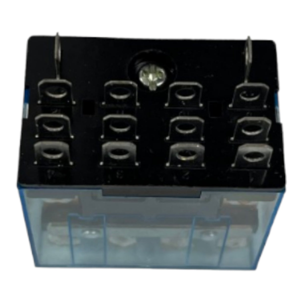 A black electrical relay with a translucent blue plastic casing and multiple metal terminal posts on top, shown against a plain white background.