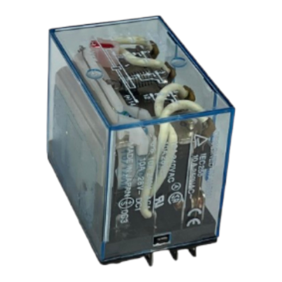 A clear plastic electrical relay box with blue trim, showing internal wiring and terminals, isolated on a white background.