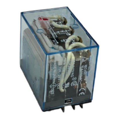 A clear plastic electrical relay box with blue trim, showing internal wiring and terminals, isolated on a white background.