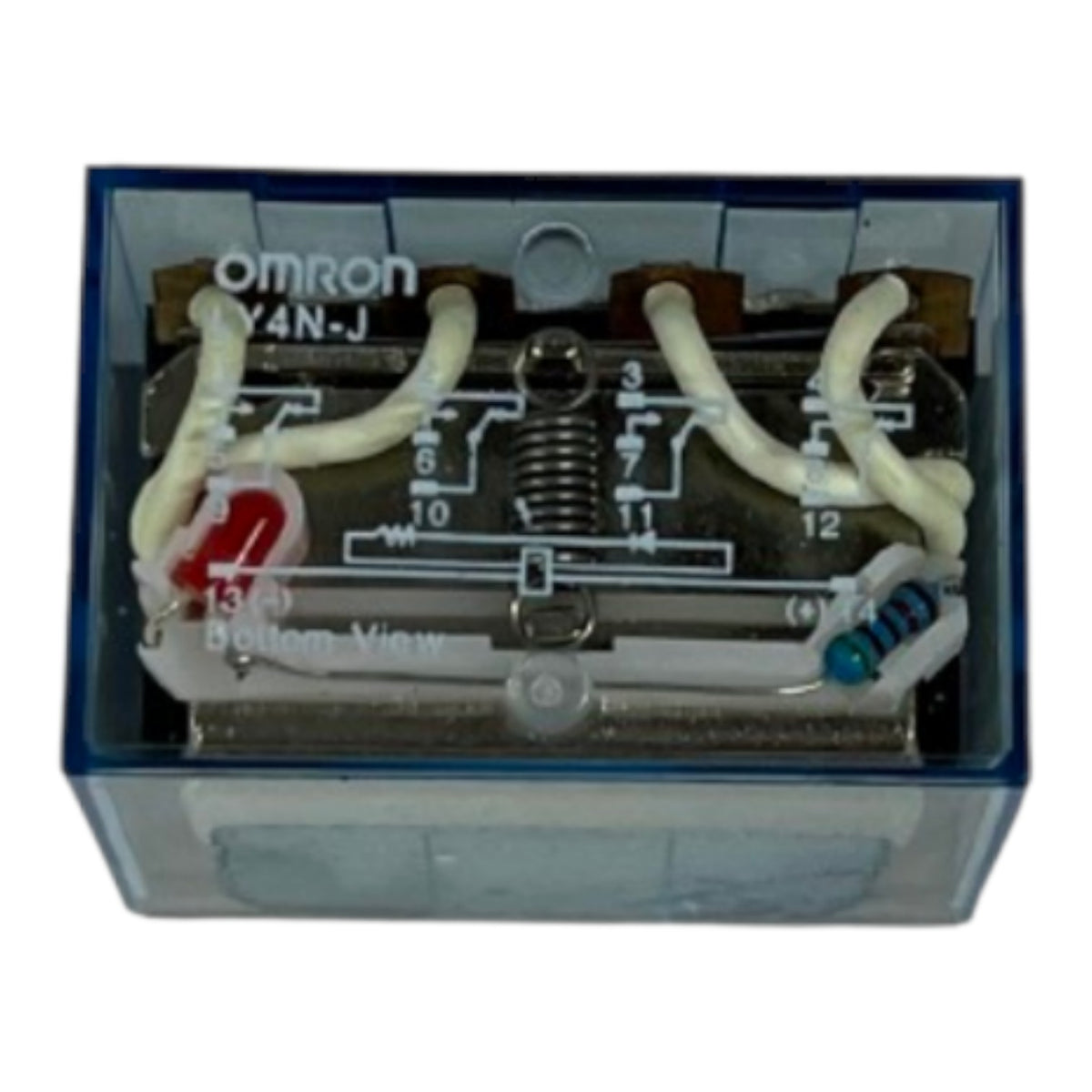 An Omron Y4N-J relay shown from the bottom view with its clear plastic casing and internal wiring visible, set against a plain white background.