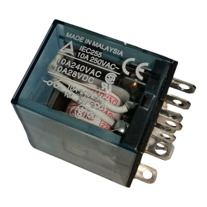 A 10A 240VAC relay switch with a translucent dark blue-gray plastic casing, visible internal coil, and metal terminal posts on the side, shown on a plain white background.