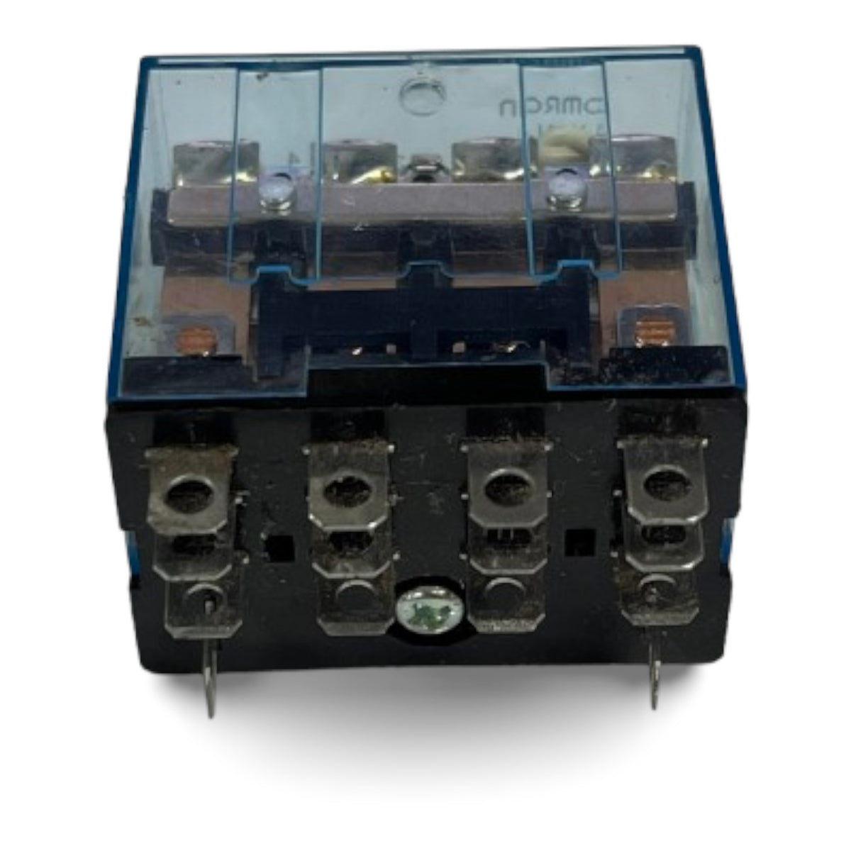 A black electrical relay with a transparent blue-tinted plastic cover, featuring four metal terminal blocks on the front and a small green circular detail near the bottom center, set against a plain white background.