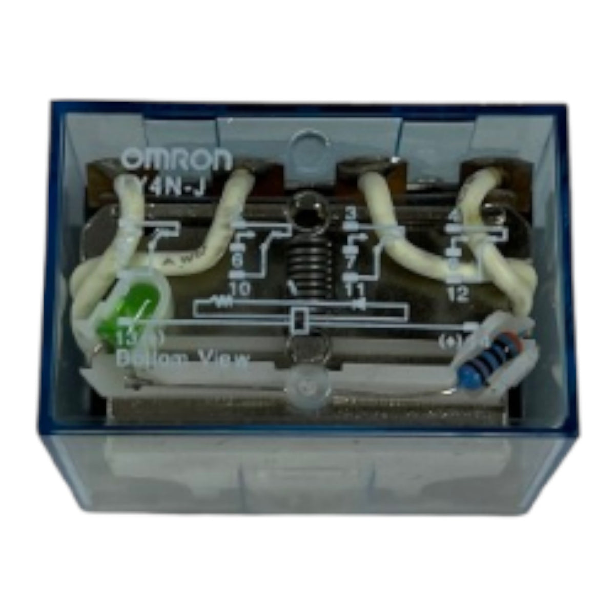 An Omron 4N-J relay contact module in a blue plastic case, showing internal metal contacts, springs, and white plastic leads on a white background.