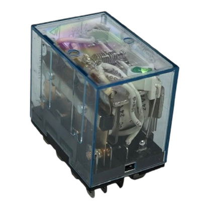 A transparent plastic electrical relay with visible internal wiring and metal terminals, shown on a plain white background.