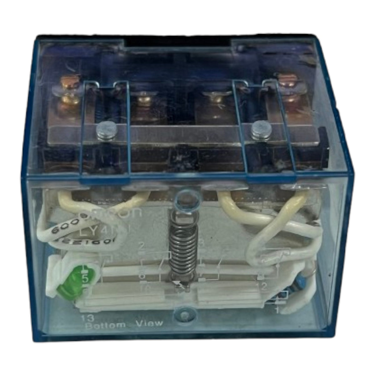 A clear plastic electrical relay box with blue terminal covers, internal metal contacts, a coiled spring, and white wiring, shown on a plain white background.