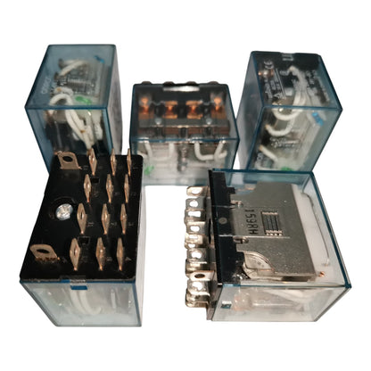 Five industrial electrical relays with transparent blue plastic casings, showing various internal components, terminal blocks, and wiring on a white background.