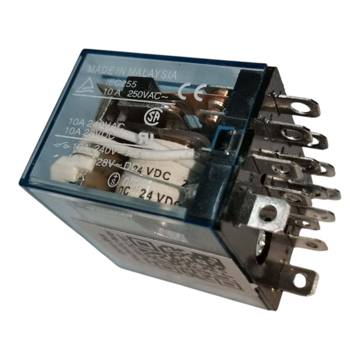 A 10A 24VAC electrical relay with a transparent blue plastic casing, showing internal contacts and terminal posts on a white background.