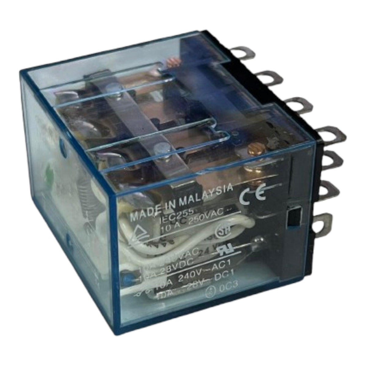 A blue translucent plastic electrical relay with metal terminals on the side, photographed on a plain white background. White printed text on the front reads 'MADE IN MALAYSIA' along with regulatory markings.