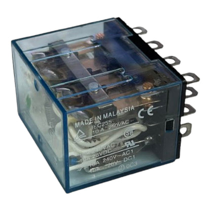 A blue translucent plastic electrical relay with metal terminals on the side, photographed on a plain white background. White printed text on the front reads 'MADE IN MALAYSIA' along with regulatory markings.