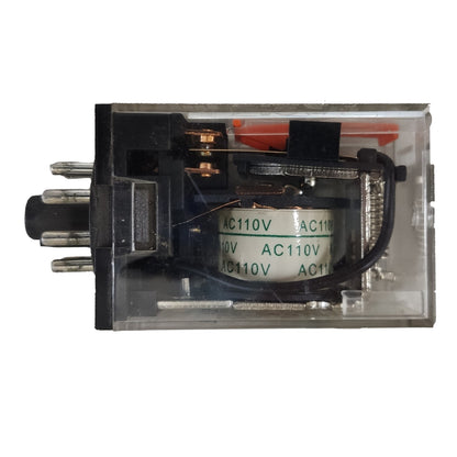 An industrial electrical relay with a clear plastic housing, black terminal casing, internal coil, and metal contacts, shown against a plain white background.