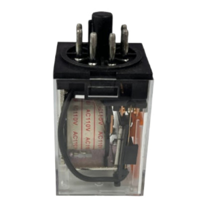 A single electrical relay component with a black top, clear plastic housing, internal coil, and multiple metal terminals, shown on a plain white background.
