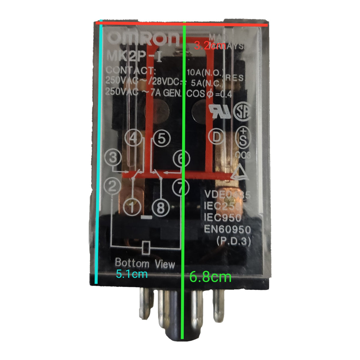An Omron MX2P-1 electrical relay with a clear top cover showing internal contacts and terminal markings, photographed on a white background with green and cyan dimension lines and text overlays indicating measurements.