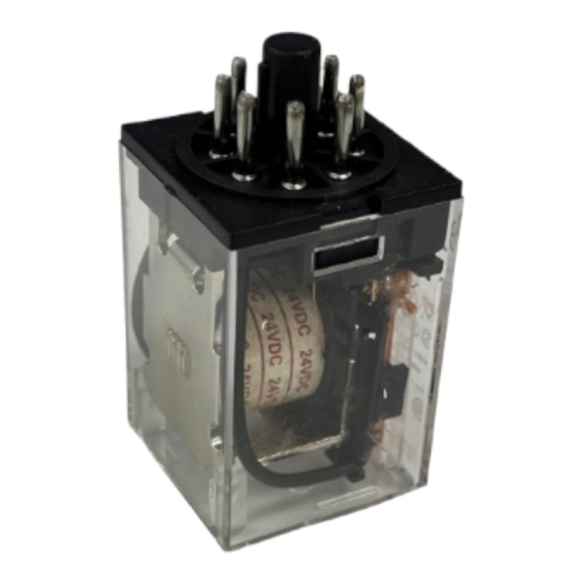 A small electrical relay with a clear plastic housing, black top cover, and multiple metal pins, shown on a plain white background.