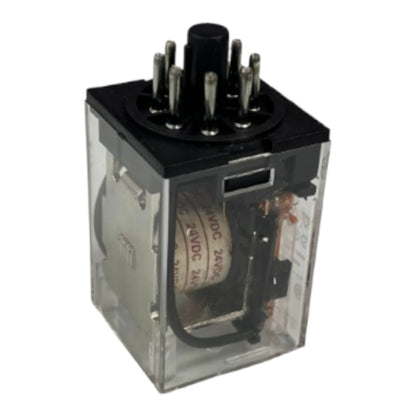 A small electrical relay with a clear plastic housing, black top cover, and multiple metal pins, shown on a plain white background.